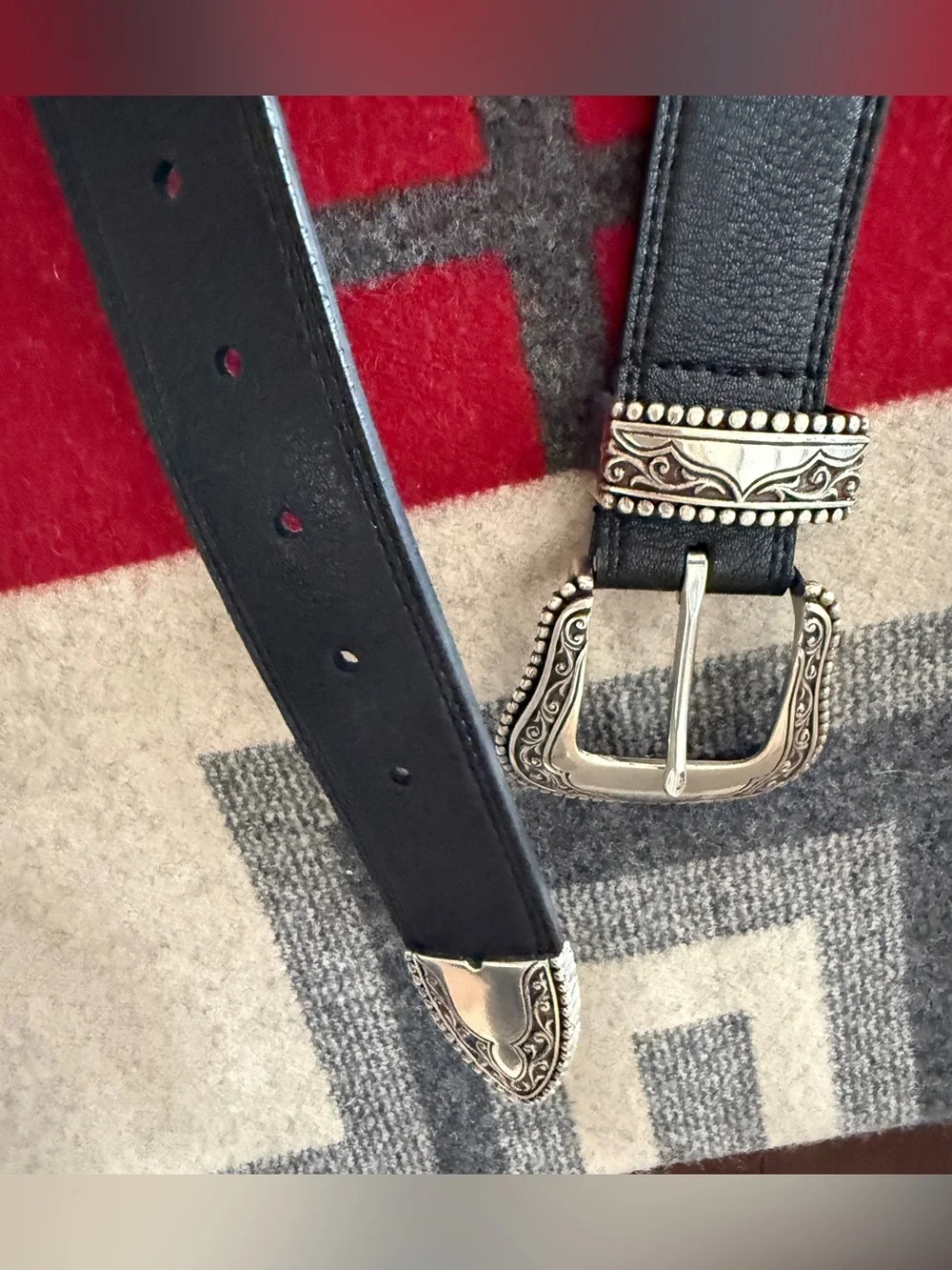 Black Western Belt Ornate Silver Buckle & Tip M